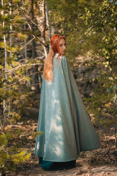 Beautiful Red Haired Girl Turquoise Dress Diadem Her Head Walking — Stock Photo, Image