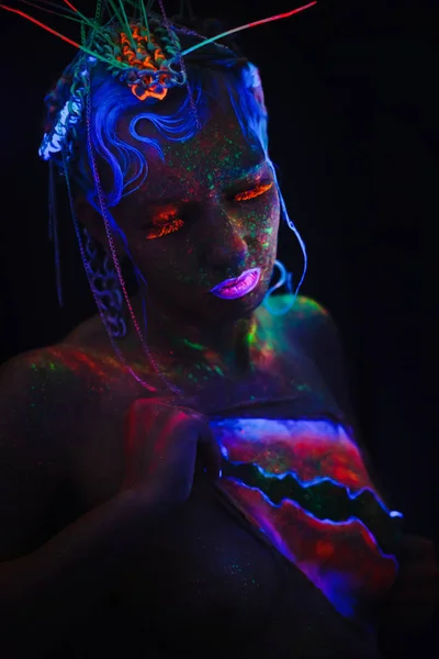 Neon Portrait Girl Bright Splashes Face Model Blue Neon Lenses — Stock Photo, Image