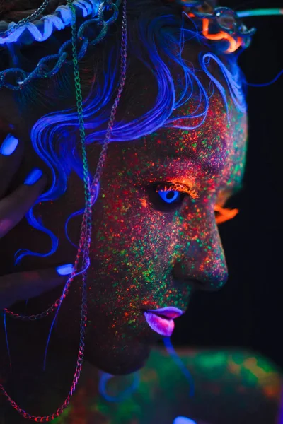 Neon Portrait Girl Bright Splashes Face Model Blue Neon Lenses — Stock Photo, Image