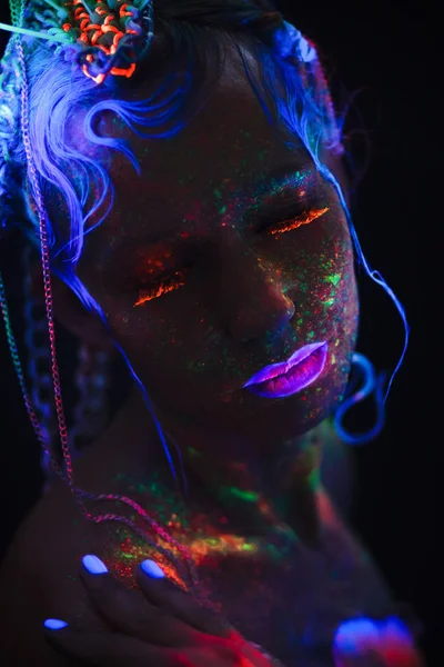 Neon Portrait Girl Bright Splashes Face Model Blue Neon Lenses — Stock Photo, Image