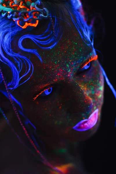 Neon Portrait Girl Bright Splashes Face Model Blue Neon Lenses — Stock Photo, Image