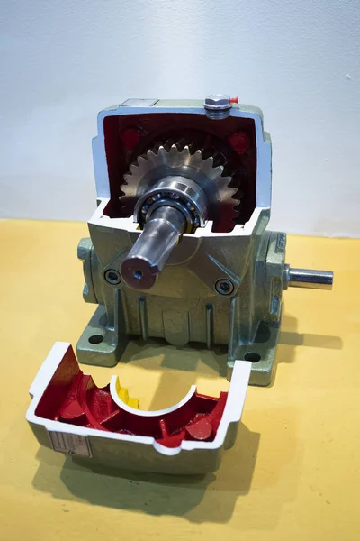 high precision automotive gear box close-up.Gear box for increase and reduce speed. precision gear box assembly with servo motor