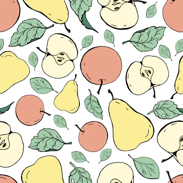 Nahtloses Muster mit Birnen, Äpfeln und Blättern — Stockvektor
