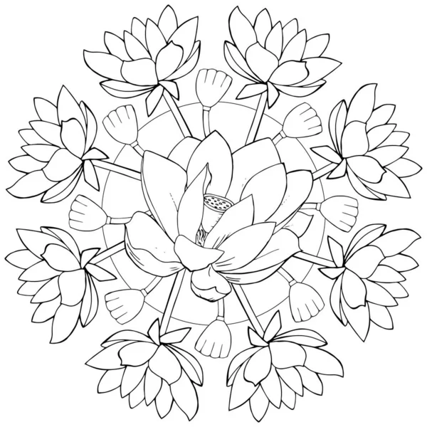 Mandala Vecteur Avec Des Fleurs Lotus Belle Détente Ornement Noir — Image vectorielle