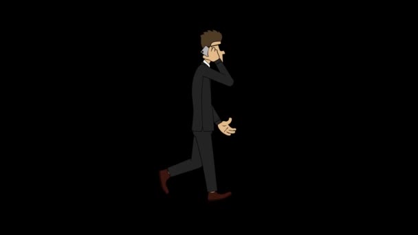 スーツを着た男が携帯電話のウォーキングサイクルで話している アルファチャンネル付きループアニメーション — ストック動画