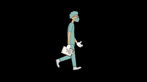 Dokter Met Testresultaten Lopen Cyclus Loop Animatie Met Bijgesloten Alpha — Stockvideo