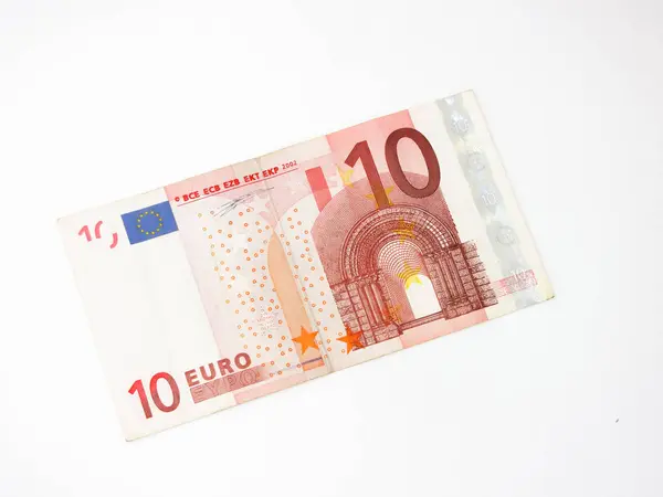 흰색 배경에 분리 된 10 유로 지폐의 닫기. — 스톡 사진