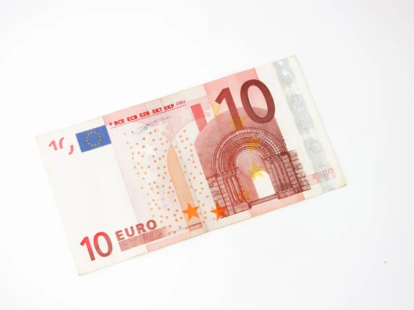 흰색 배경에 분리 된 10 유로 지폐의 닫기. — 스톡 사진
