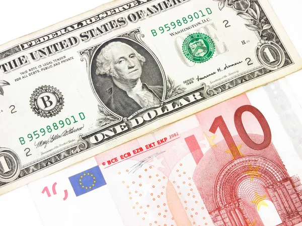 U.S. one dollar bill and ten euro — Stock Photo, Image