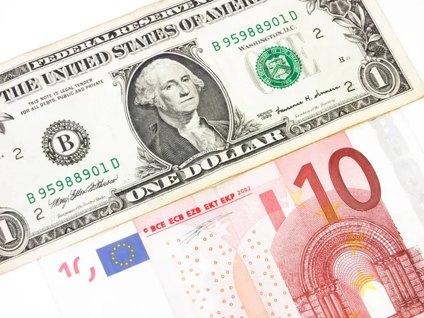 EUA uma nota de dólar e dez euros Imagem De Stock