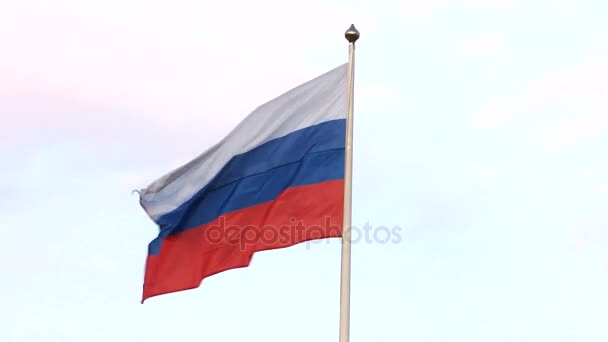 俄罗斯国旗飘扬在风中的蓝蓝的天空背景上旗杆 — 图库视频影像