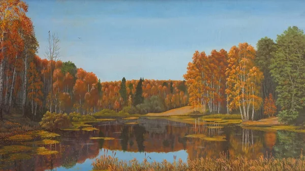 Olieverfschilderij landschap, kleurrijke zomer bos, prachtige rivier — Stockfoto