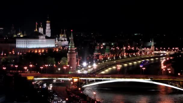 Moscú Kremlin Noche Vista Desde Puente Piedra Grande Timelapse Video — Vídeos de Stock