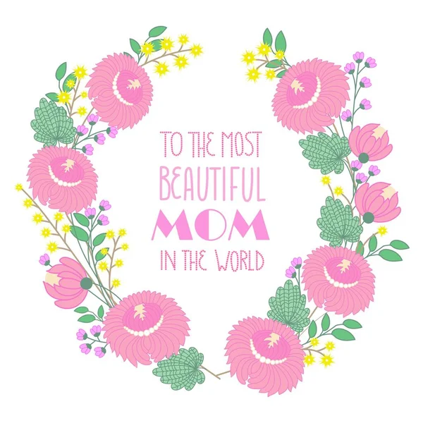 引用と母の日カード 世界で最も美しいお母さんに ピンクの花のリース — ストックベクタ