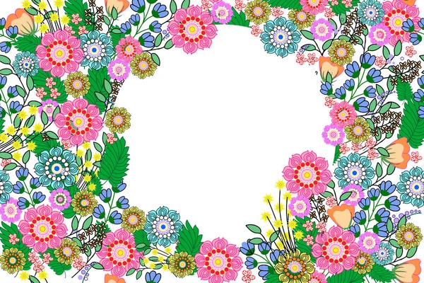 Circular Frame of flowers on a white background. Abstract bright flowers.