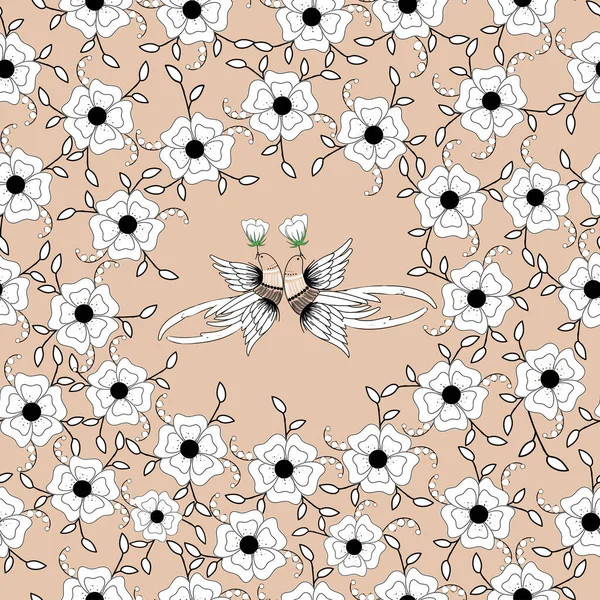 Hochzeitshintergrund Zwei Weiße Vögel Mit Blumen Auf Dem Beigen Hintergrund — Stockvektor