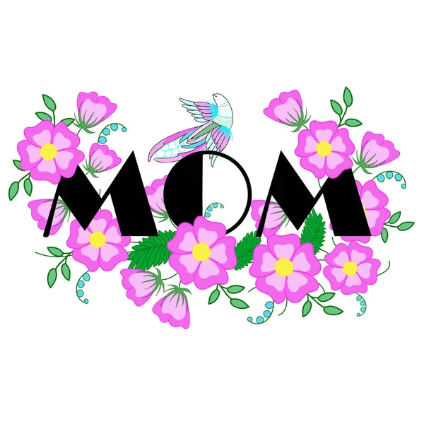 Prachtige Bloemen Met Tekst Mama Geïsoleerd Wit Voor Viering Van — Stockvector