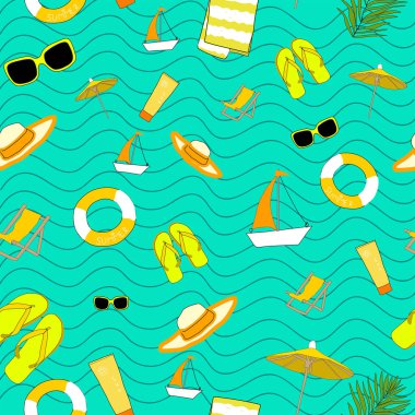 Sarı botları, can simidi, gözlüğü ve dalgalı bir arka planda havlusu olan hoş, pürüzsüz bir desen. Denizci ambalaj kağıdı, vektör olarak tekstil tasarımı.