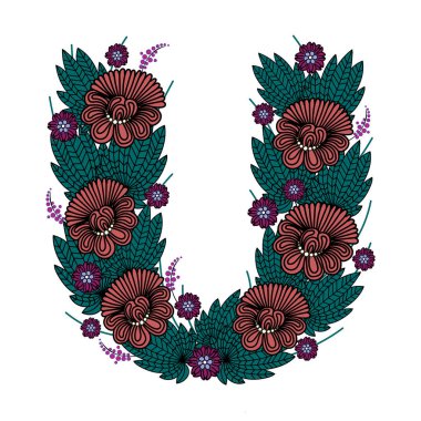 Güzel çiçek yazı tipi. Çiçek ve yapraklı U harfi.. 