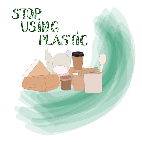 Ekologiczne Pudełka Tekstem Przestań Używać Plastiku Naturalne Opakowania Papieru Rzemieślniczego — Wektor stockowy