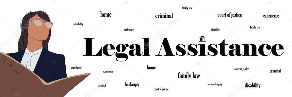 Legal assistance services landing page flat horizontal banner. Lawyer with textcourt of justice,  family law, criminal. Professional advisers vector illustration  