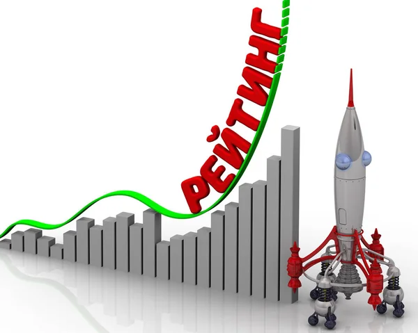 The graph of rating growth. Graph of rapid growth with word RATING (Russian language) and rocket launch. 3D Illustration