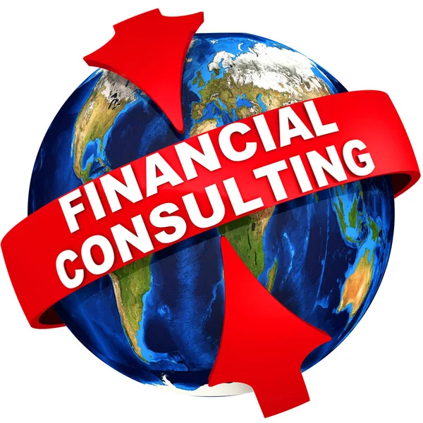 Worldwide financial consulting. Red arrows point to the white text FINANCIAL COUNSULTING on the red tape on the background of the Globe. Isolated. 3D Illustration
