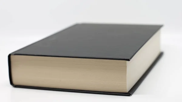 Thick Book Hard Black Cover Yellowed Pages Book Lies Flat — Stock Photo, Image