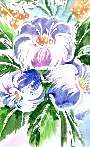 Summer Flowers Watercolor Painting Flowers White Reserve Lines Free Style — Stock Photo, Image
