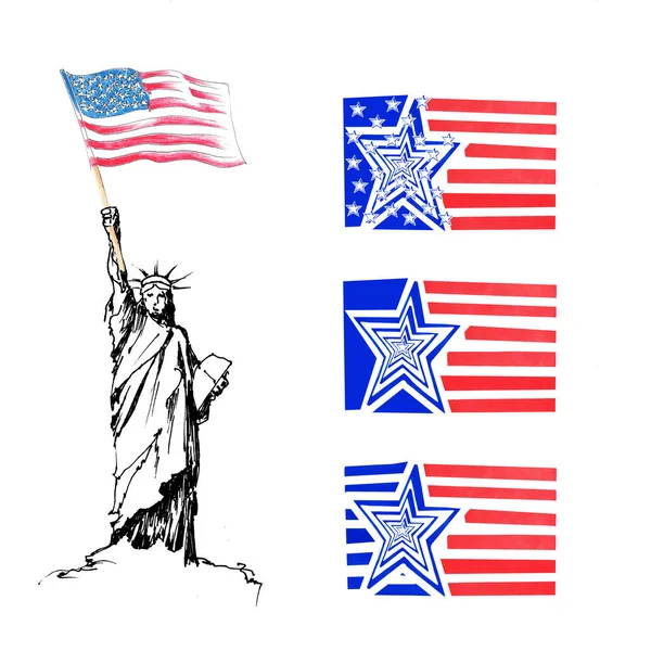Conjunto Bocetos Estatua Libertad Frente Con Bandera Dibujado Mano Con —  Fotos de Stock