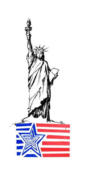 Bosquejo Estatua Libertad Frente Con Bandera Dibujado Mano Con Pluma —  Fotos de Stock