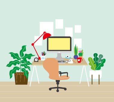 iç işyeri ev ofis çalışması ev vektör grafik illüstrasyonundan