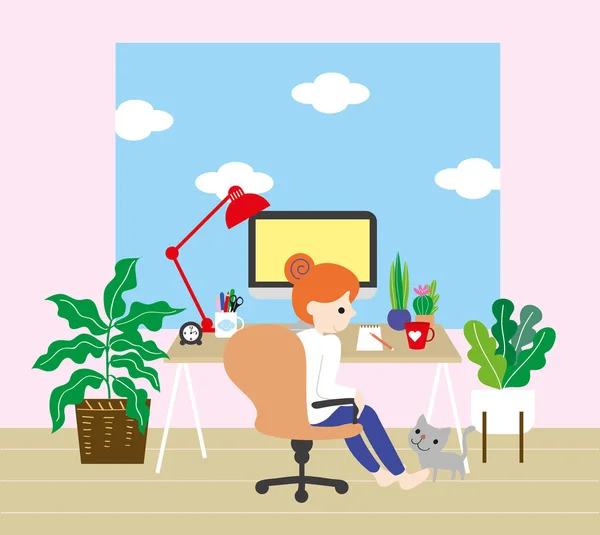 Szép Nap Home Office Girl Working Home Cat Vector Grafika — Stock Vector