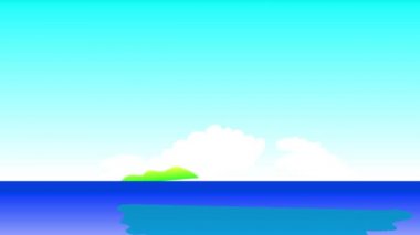 Güçlü kırmızı çiçekleri olan sıcak Hawaii adasının doğrusal ölçeklendirme animasyonu ve Rich Hill 'in üzerinde Evergreen' in oluşturduğu desen ve Temiz Mavi Okyanusta Umutsuz Cennet 'e doğru giden tekne