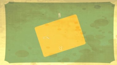 Kalemle çizilmiş ve kırmızı suluboya ile boyanmış domates şeklindeki elementlerin hareketi 50 'lerden kalma mutfak posterine benzer eski bir kağıt dokusuna benziyor.