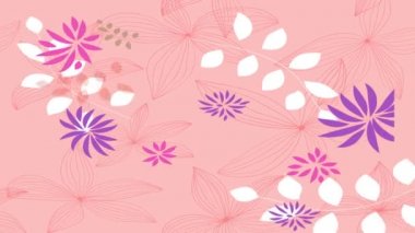 Yumuşak pembe dikey arkaplana çizilmiş çiçek dalları ve bitkilerin her türünden güzel ve pürüzsüz çiçek desenli doğrusal ölçeklendirme animasyonu