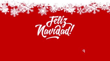 Feliz Navidad Y Prospero Ano Nuevo 'nun ölçeklendirme ve döndürme hareketi Mutlu Noeller İspanyolca yazılmış küçük modern ve el yazısı kar taneleriyle bembeyaz üstlerin altında kırmızı arka planda