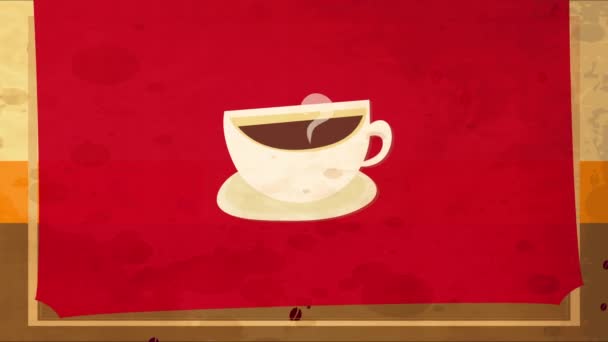 Animation linéaire d'échelle de tasse de caféine de forme inhabituelle comme séparée dans le segment avec du smog bouclé sortant de la boisson chaude noire tirée au-dessus de la scène de couverture classique en carton 