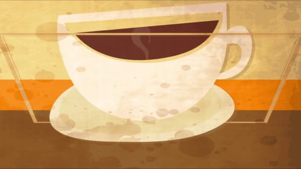 Mouvement des éléments formant tasse de café de forme inhabituelle comme divisé en deux avec de la vapeur bouclée sortant de la boisson chaude noire dessinée au-dessus de fond de couverture de carte Vintage 