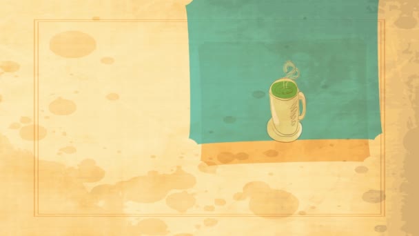 Mouvement inertiel d'éléments simples formant la science de concept de boisson chaude antique conçue avec la tasse de thé vert et l'arrivée de vapeur décorée avec le feuillage miniature et le décalage rétro au-dessus de la scène pleine de peintures 