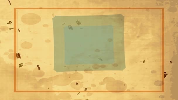 Animation linéaire de mise à l'échelle du thé avec une tasse de thé farcie avec une boisson éclatante et décorée de feuilles vertes sur une vieille scène raffinée et éclaboussure sur la surface lui donnant un aspect vieilli 