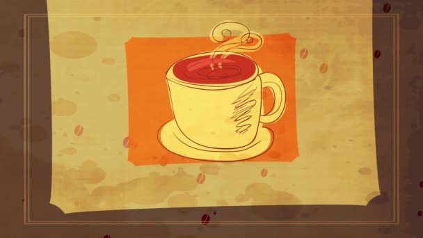 Animation linéaire de mise à l'échelle de la caféine précieuse Caniche avec doigts Tasse tirée pleine avec boisson brûlante éclaircissant la vapeur bouclée sur scène teintée 