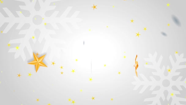 ドイツ語を形成するフラット要素をバウンスJoyeux Noel Bonne Annee現在の箱で白い背景に書かれた雪の結晶と星座に囲まれた金の弓でクリスマスカードで包まれたコンフェッティと木の球根 — ストック動画