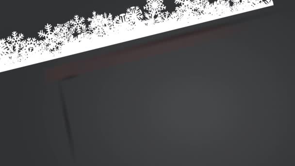 春の効果アニメーションで簡単にスケーリング暗いグレーの包装紙で覆われたクリスマスプレゼントフレークグラフィックで飾られたアップレッドプルボウストリップ — ストック動画