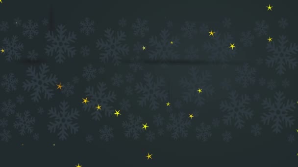 柔らかい雪片と左上隅に長い赤い弓で暗いクリスマス包装紙で包まれた長方形のギフトの慣性バウンス — ストック動画