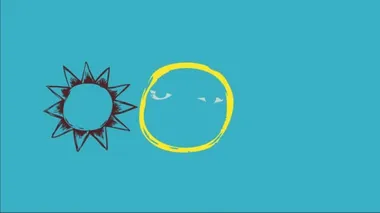 Mavi arkaplan üzerinde altın ve yeşil tonlarla süslenmiş renkli çizgiler çizilmiş sakin yüzlü eski moda güneş çizgi filminin bahar tartısını zıplat ve kaydır