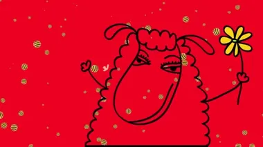 Beyaz, hareketli, dişi keçinin hareketli hareketleriyle birleşmiş. Makyajlı ve sevimli Daisy Flower 'ı kucağında tutuyor. Kırmızı arka planda hareket eden saykodelik arılarla zıplıyor.