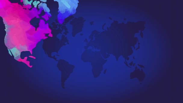 青の背景の上に3D効果が浮かんでいる生き生きとした色で描かれた水彩世界地図の春の効果アニメーションで簡単に縮小多様性と多民族性を示唆しています — ストック動画