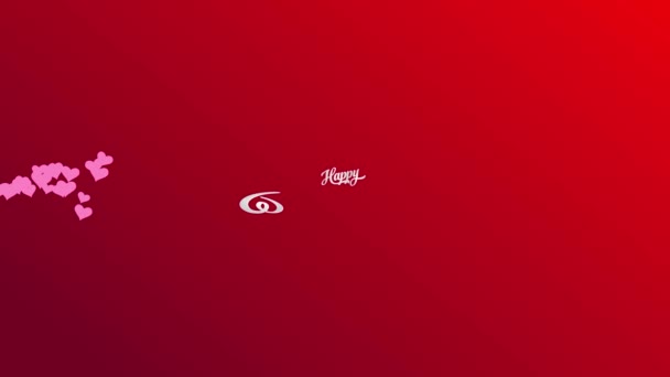 Éléments plats rebondissants formant la typographie joyeuse blanche de Saint-Valentin avec l'effet 3D avec l'obscurité sous lettres sur une feuille rouge et des coeurs décorant 
