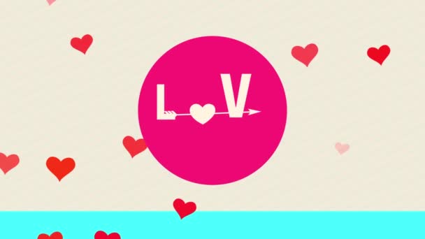 Animation de mise à l'échelle linéaire de joyeuses cartes postales de réception de la Saint-Valentin avec des mots Romance que vous avez traversé par Cupidon flèche et coeur Remplacement de l'écriture O sur fond de floraison 
